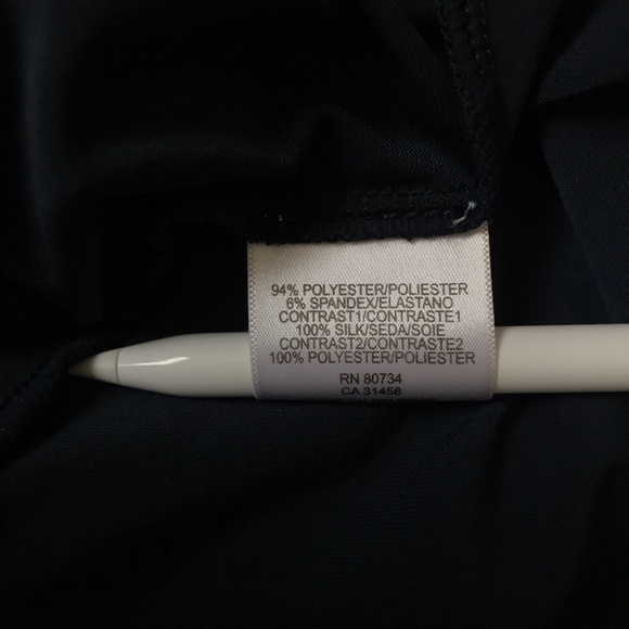 BCBGMaxAzria Navy Blue Beaded Blouse Multi-color Stretchy Short Sleeved Top - Picture 7 of 8